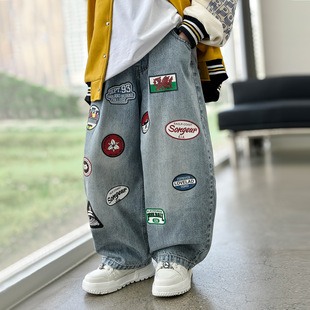 男童满印LOGO牛仔裤熊猫圆圆中大童韩版洋气百搭印花休闲阔腿长裤