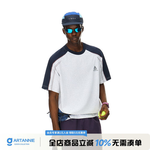 ARTANNIE 美式撞色哈苏线运动短袖男夏季新款宽松情侣插肩半袖t恤