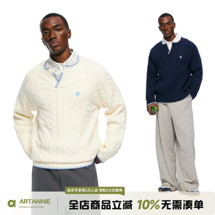 ARTANNIE 亨利领麻花毛衣男秋冬季新款休闲内搭V领针织衫情侣上衣