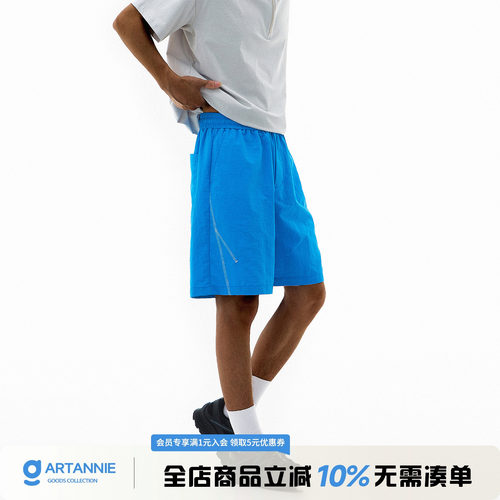 ARTANNIE哈苏线运动短裤男款2026夏季蓝色裤子美式直筒宽松休闲裤