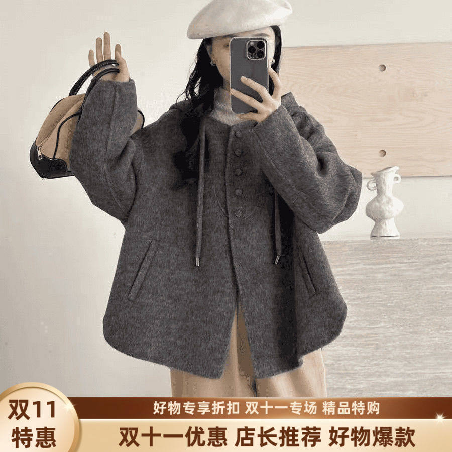 减龄秋冬新款双面羊毛羊绒大衣女小个子连帽短款宽松韩版外套