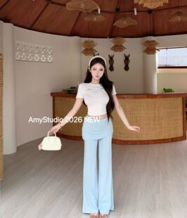 艾米Amy赵露思同款 女短袖 波点t恤搭屁帘低腰微喇裤 两件套 休闲套装