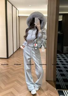 女 两件套装 艾米Amy 90白鸭绒连帽真毛领羽绒服外套搭加绒休闲裤