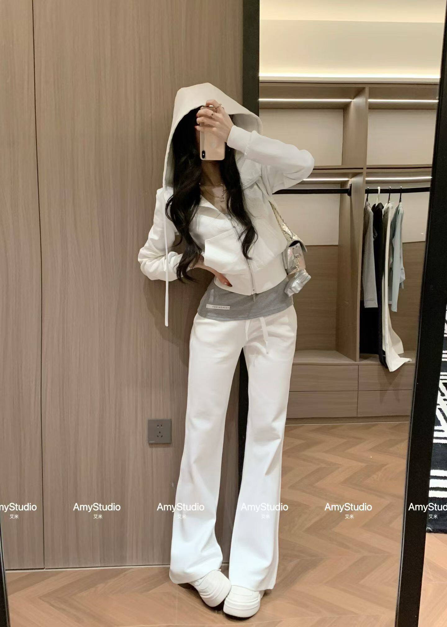 2026春季新款Amy艾米正版休闲运动套装女连帽卫衣搭阔腿裤三件套