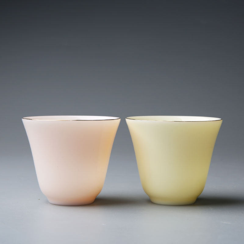 粉色茶杯个性品茗杯德化羊脂玉描金主人杯彩色女士杯女生个人杯