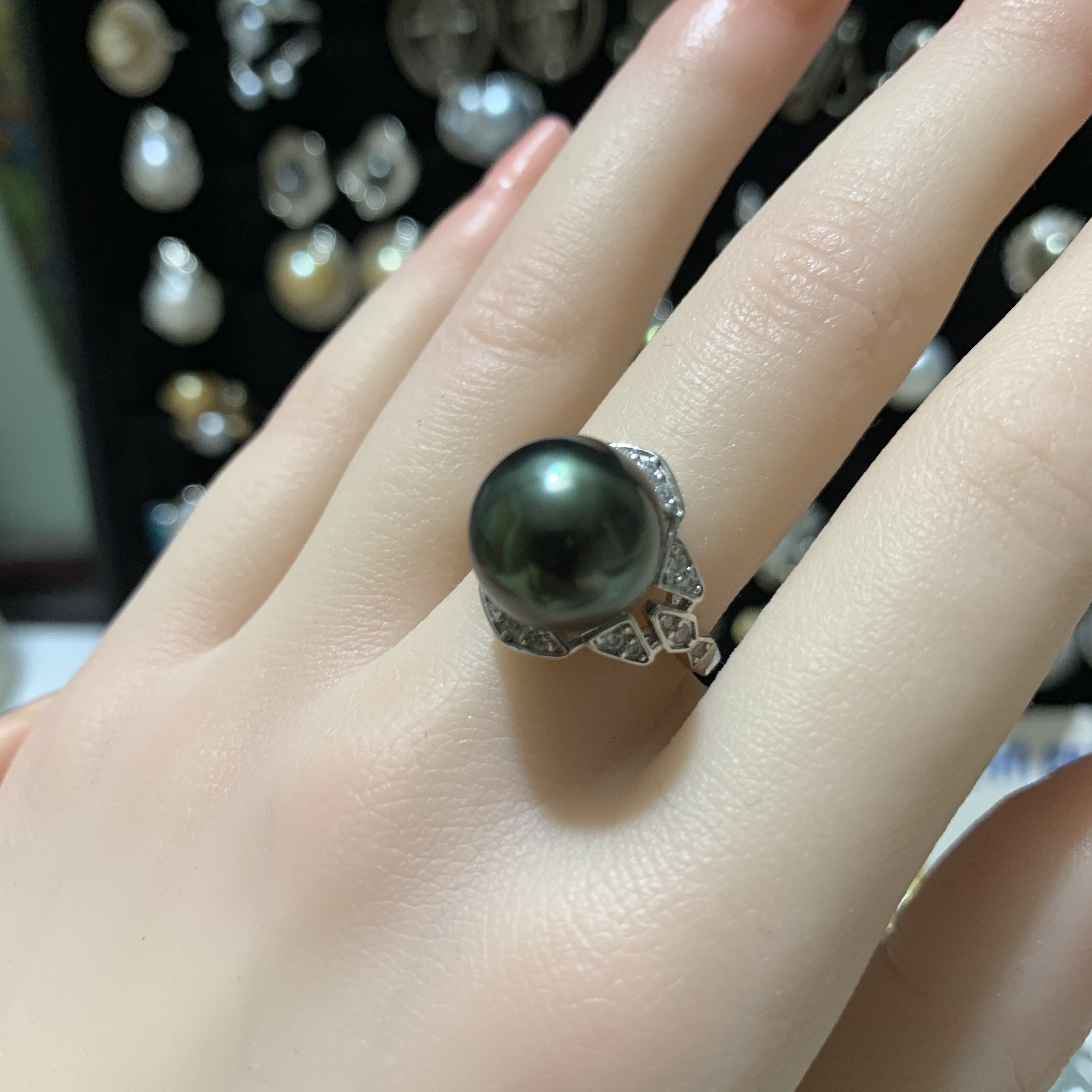 12.2mm孔雀绿大溪地戒指S925银下开口调节圈口