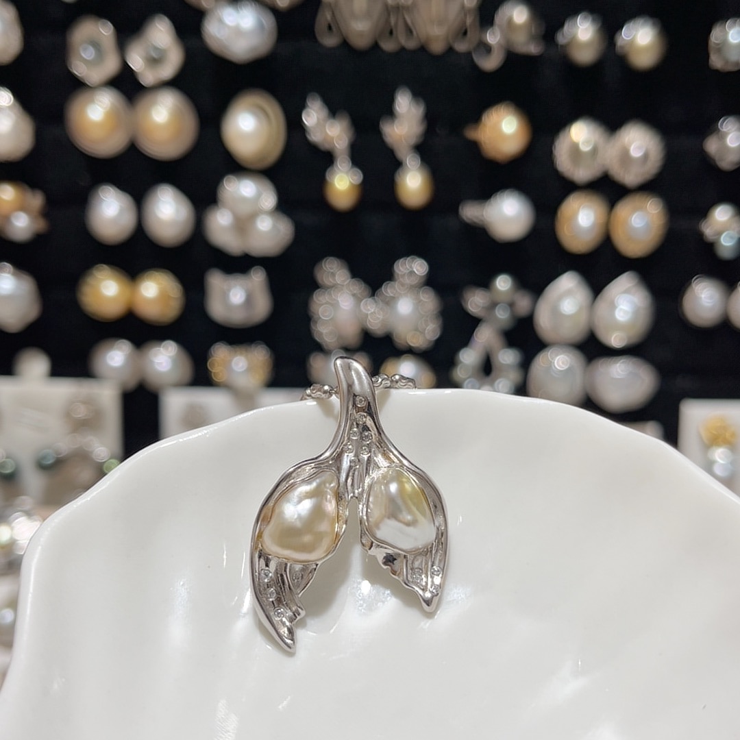 天然海水南洋金珠无核keshi双珠鱼尾吊坠（不含链）S925银