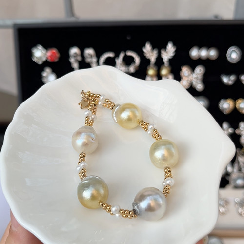 12.4-12.9mm金珠澳灰巴洛克+3.8mm淡水小米珠S925银手链总长18cm