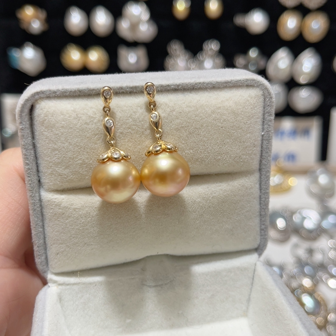 11.7-11.9mm海水南洋金珠浓金金珠耳钉耳线S925银爱将纯银耳钉