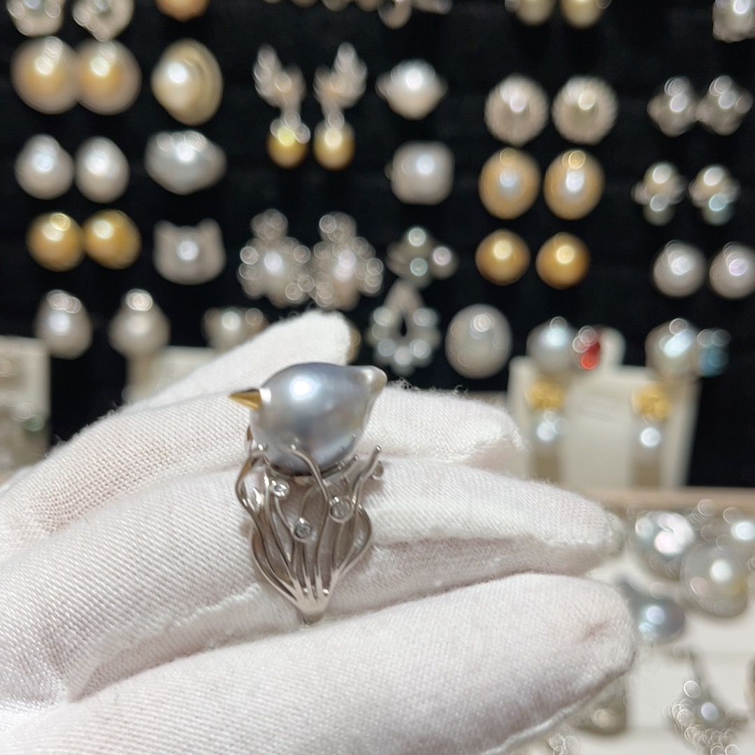 12mm天然海水铂金灰大溪地小鸟戒指S925银下开口调节圈口