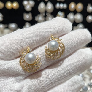 9mm天然海水银蓝澳白羽毛耳钉S925银耳钉