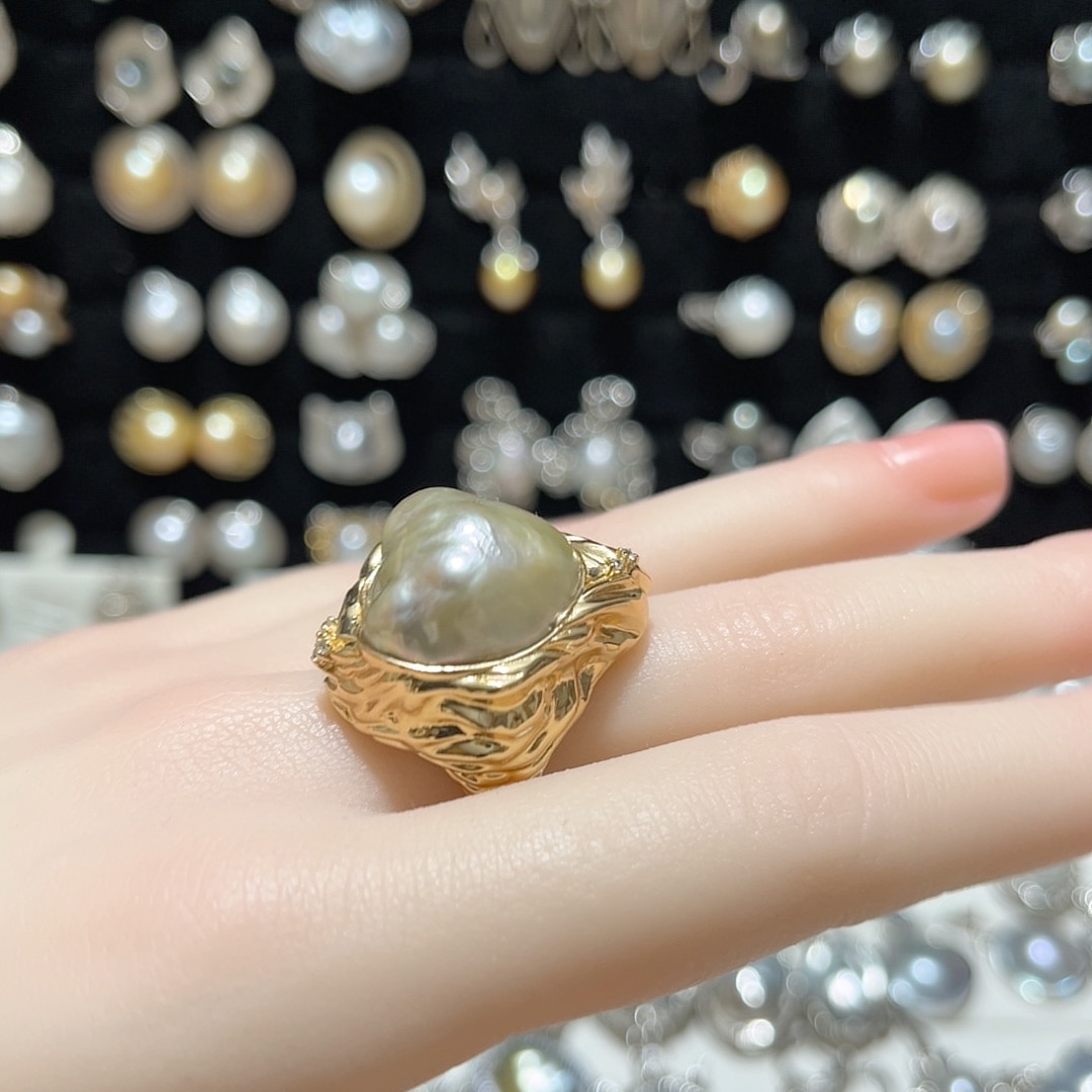 裸珠卡18.6mm天然海水南洋金珠巴洛克重工戒指S925银下开口调节