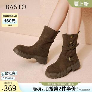 百思图冬季新款复古西部靴堆堆靴厚底加绒女驼色短靴BP335DZ5