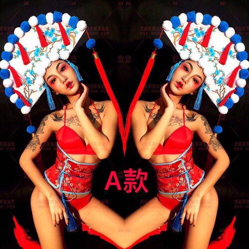 端午节网红夜店酒吧歌手DJ舞蹈队DS性感红色京剧戏曲节日演出服