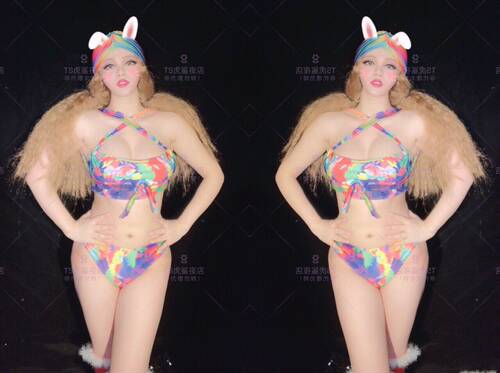 夜店酒吧DJ歌手DS舞蹈GOGO性感复古七彩分体复古比基尼演出服