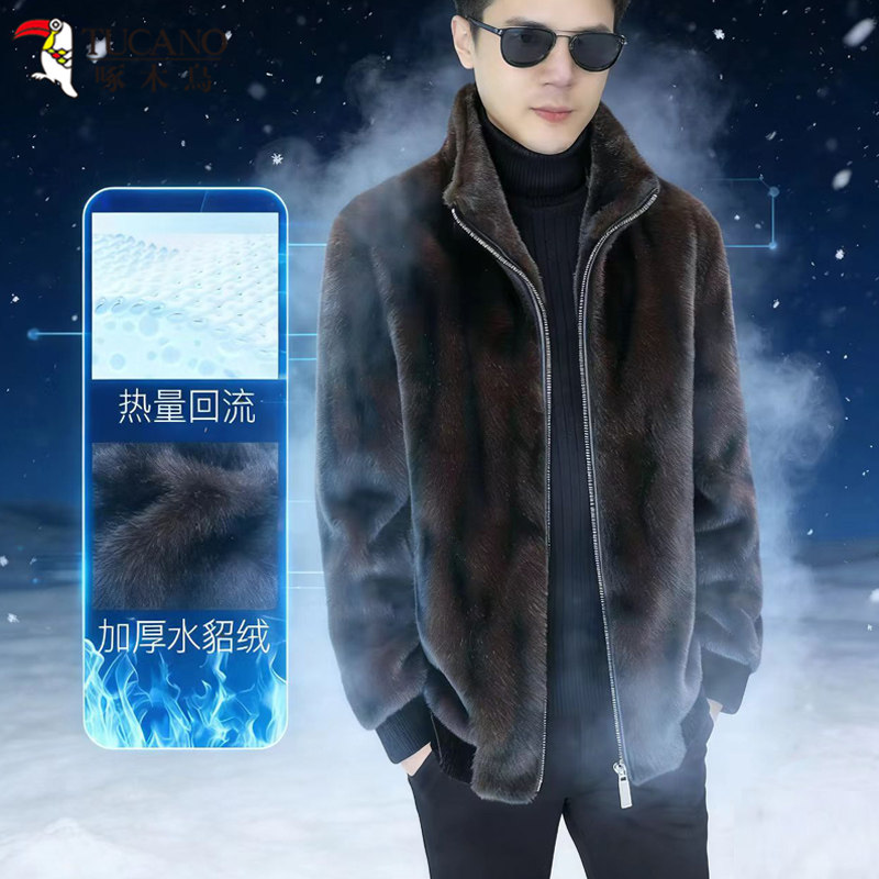 啄木鸟2025冬季新款皮毛一体男款立领仿皮草皮衣外套金貂绒夹克,男装,皮草,淘宝优惠券,粉丝福利购,淘宝优惠卷