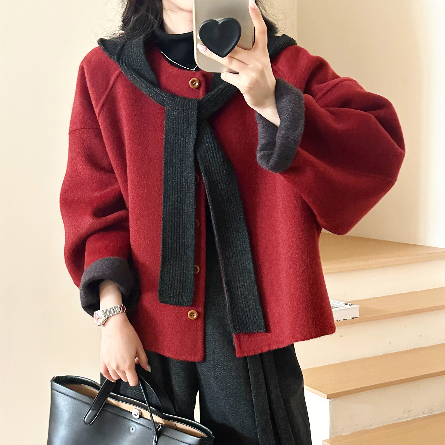 糖安妮【本命年新年红】2025冬款羊毛手工双面尼短外套女保暖围巾,女装/女士精品,短外套,淘宝优惠券,粉丝福利购,淘宝优惠卷