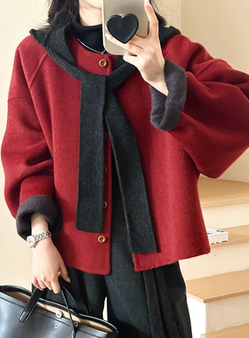 糖安妮【本命年新年红】2025冬款羊毛手工双面尼短外套女保暖围巾