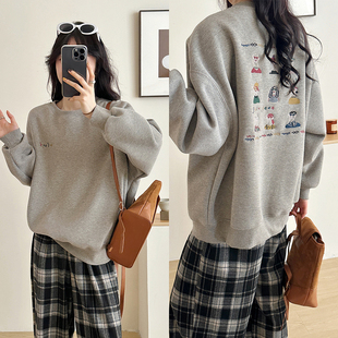 休闲卡通绣花圆领卫衣女高腰显瘦裤 格子直筒加绒裤 25冬季 糖安妮
