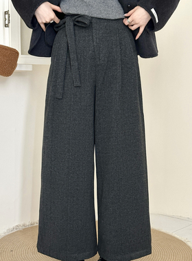 糖安妮【店主自留】2025冬季款深灰人字纹高腰显瘦直筒裤女阔腿裤