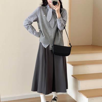 兔耳朵条纹衬衫女百褶半身裙套装