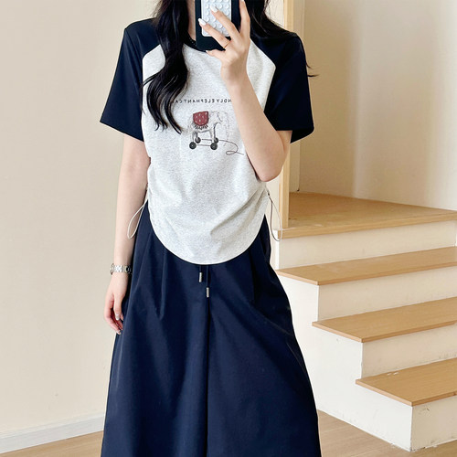 糖安妮2026夏撞色插肩袖T恤女小象印花收腰显瘦抽绳百搭短袖上衣