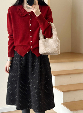糖安妮【新年红套装】2026春季酒红色羊毛针织开衫女松紧腰波点裙