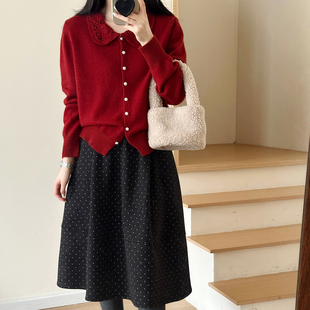 酒红色羊毛针织开衫 2025冬季 女松紧腰波点裙 新年红套装 糖安妮