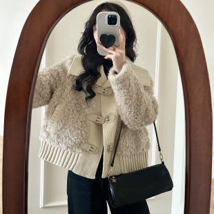 羊羔毛皮毛一体短款 外套女牛仔拼接气质百搭大衣 新品 糖安妮25冬季