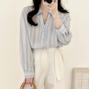 糖安妮【海盐汽水】2026法式条纹衬衫女宽松显瘦休闲百搭薄款防晒