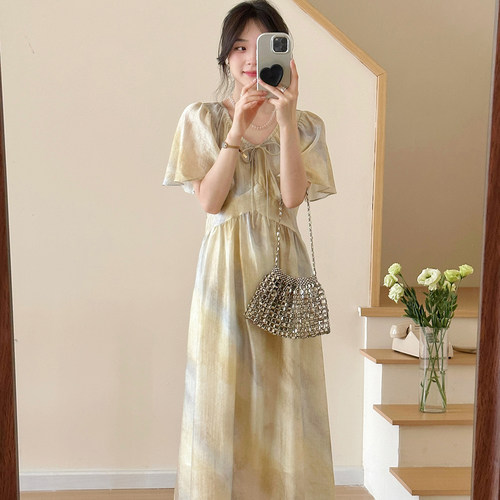 法式渐变色V领连衣裙女度假长裙