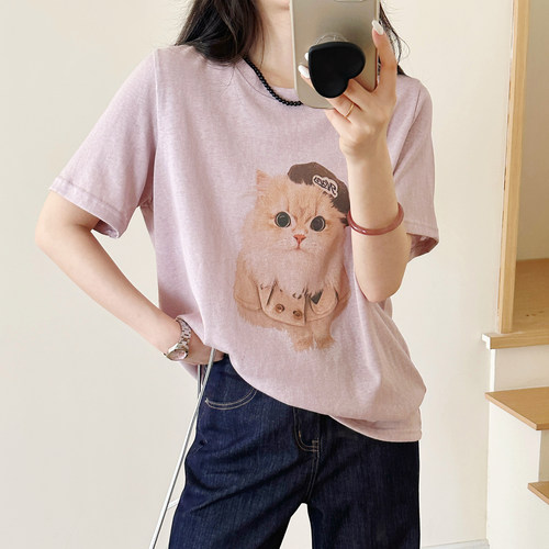 猫咪印花宽松棉质短袖T恤宽松