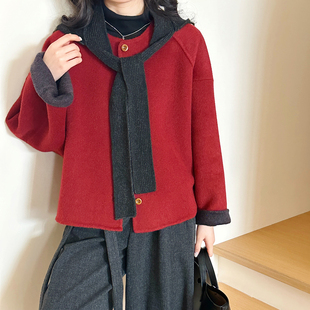 2025冬羊毛手工双面尼短外套女保暖围巾 焦糖色 糖安妮 新年红