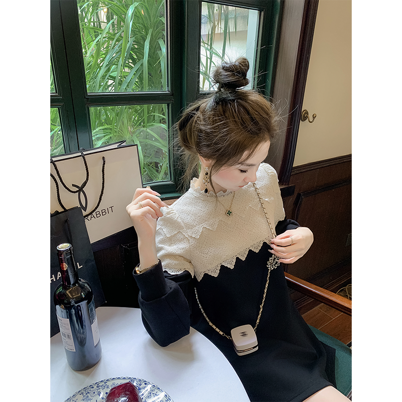 鱼兔子的兔子蕾丝连衣裙203新款女秋季拼接撞色宽松长袖圆领短裙