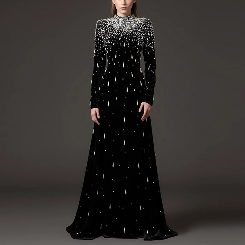 品质现货晚礼服长裙 2025明星系列重工珍珠钉珠金丝绒长款连衣裙