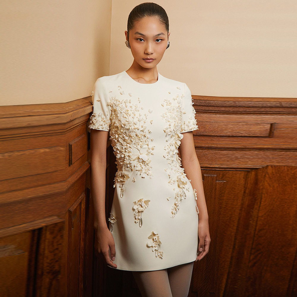 小礼服现货 2026春夏新款欧美明星时尚重工立体花钉珠短袖连衣裙
