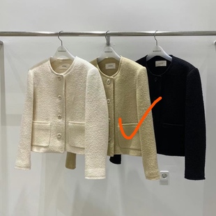 现WOODSAGE韩国东大门女2023秋新款纯色气质休闲小香风圆领短外套