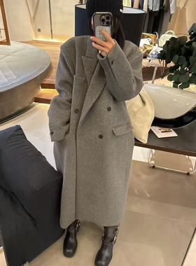 韩国东大门2024冬季unbound高级灰廓型宽松直筒长款羊毛大衣外套