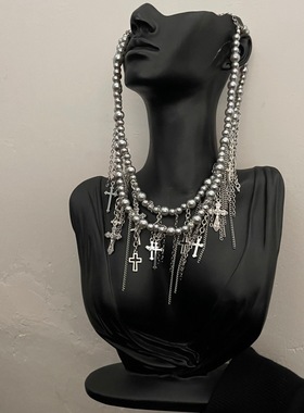 重工辣妹十字架流苏珍珠项链女小众设计高级感锁骨链独特个性颈链