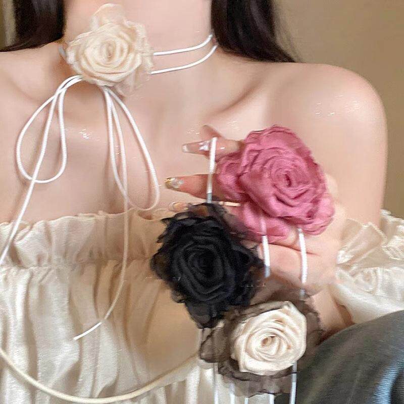 玫瑰花朵绑带系花choker颈链法式浪漫破碎感纯欲项圈绝美发夹头饰
