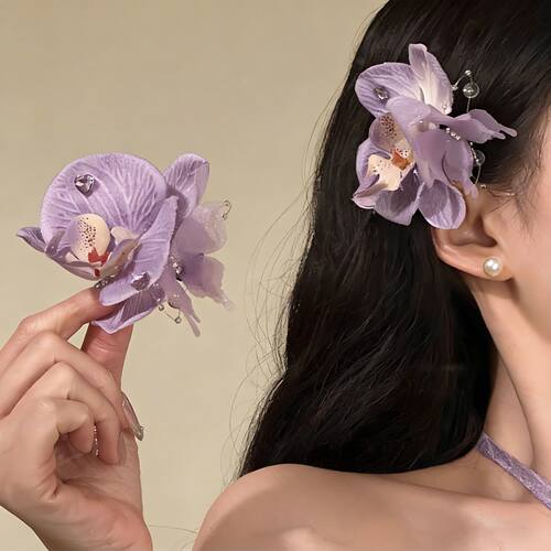 蝴蝶兰香甜美超仙紫色花朵头饰发夹女春夏百搭氛围感拍照发饰发卡