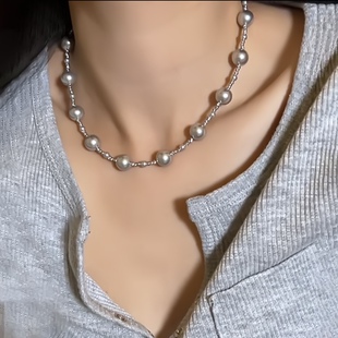 倪妮同款ins风清冷正圆强光闪耀真多麻灰色珍珠项链满天星锁骨链