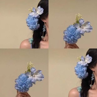 纯欲美人韵味蓝紫色系玫瑰花发夹仿真兰花氛围感头花舞台演出发饰