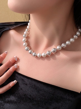 高档气质圆珠珍珠锁骨链简约金属项链韩国时尚百搭轻奢高级感项饰