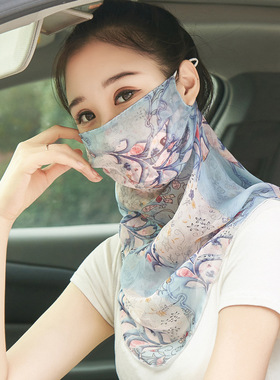 桑蚕丝真丝口罩护颈一体夏季薄款面纱女遮脸面罩骑车遮阳围巾丝巾