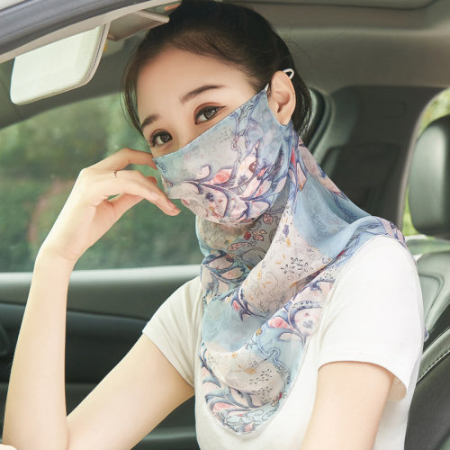 桑蚕丝真丝口罩护颈一体夏季薄款面纱女遮脸面罩骑车遮阳围巾丝巾