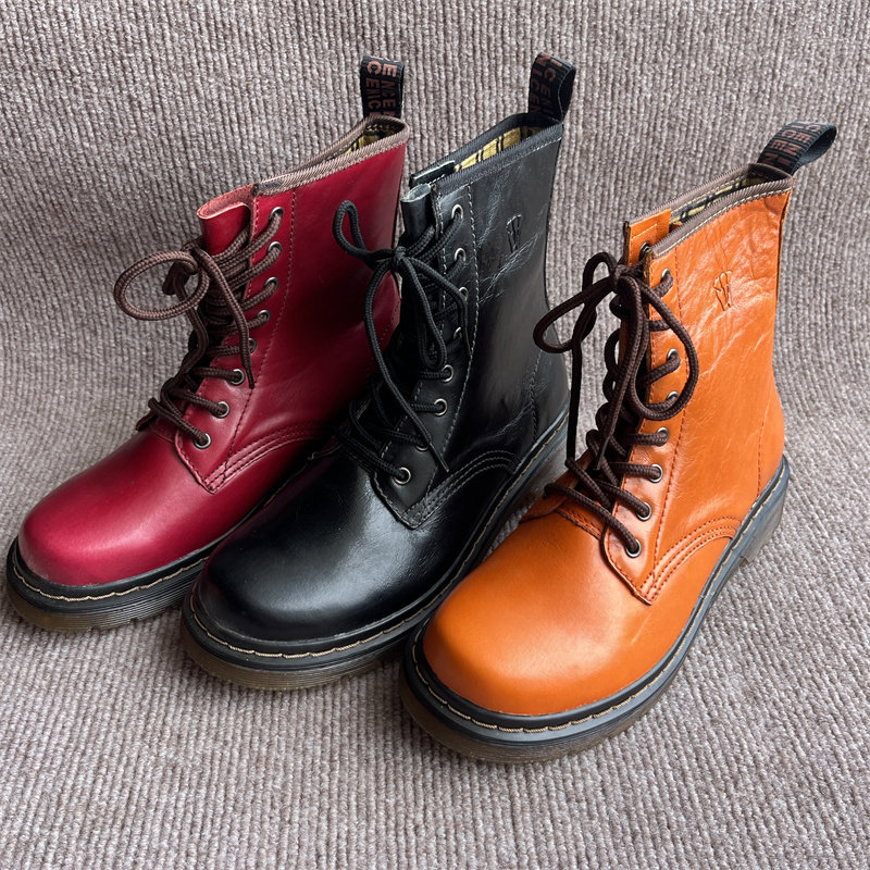 冬季真皮英伦风中筒靴子女头层牛皮系带圆头时尚大码女单靴马丁靴