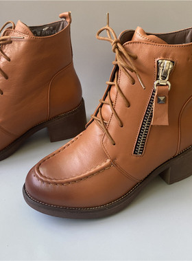 34.35.39码皮公牛女棉鞋冬季头层牛皮渐变色百搭中跟短筒加绒女靴