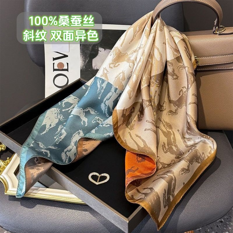 丝巾女2025新款拼接撞色双面异色小方巾桑蚕丝真丝斜纹绸高档领巾