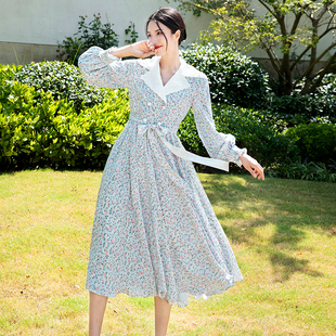 2023新款 连衣裙女春秋季 复古雪纺高端气质碎花长袖 美妃赫本风法式